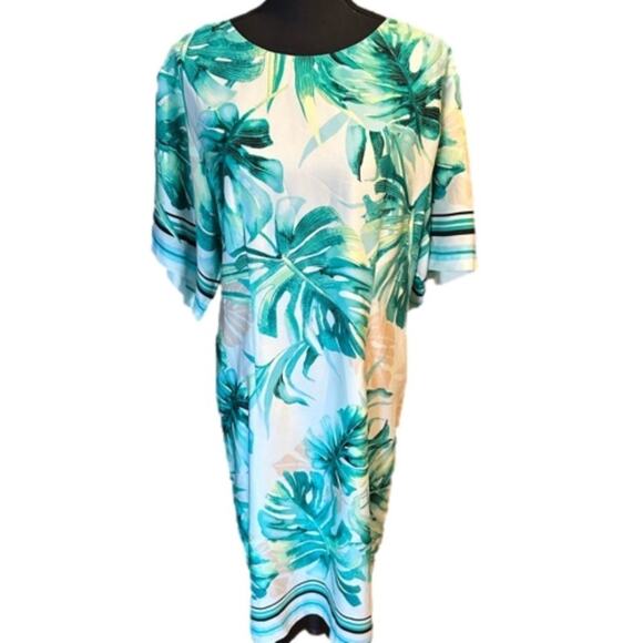 Chicos Black Label Asymmetrical Palm-Print Kimono Dress - Picture 1 of 9